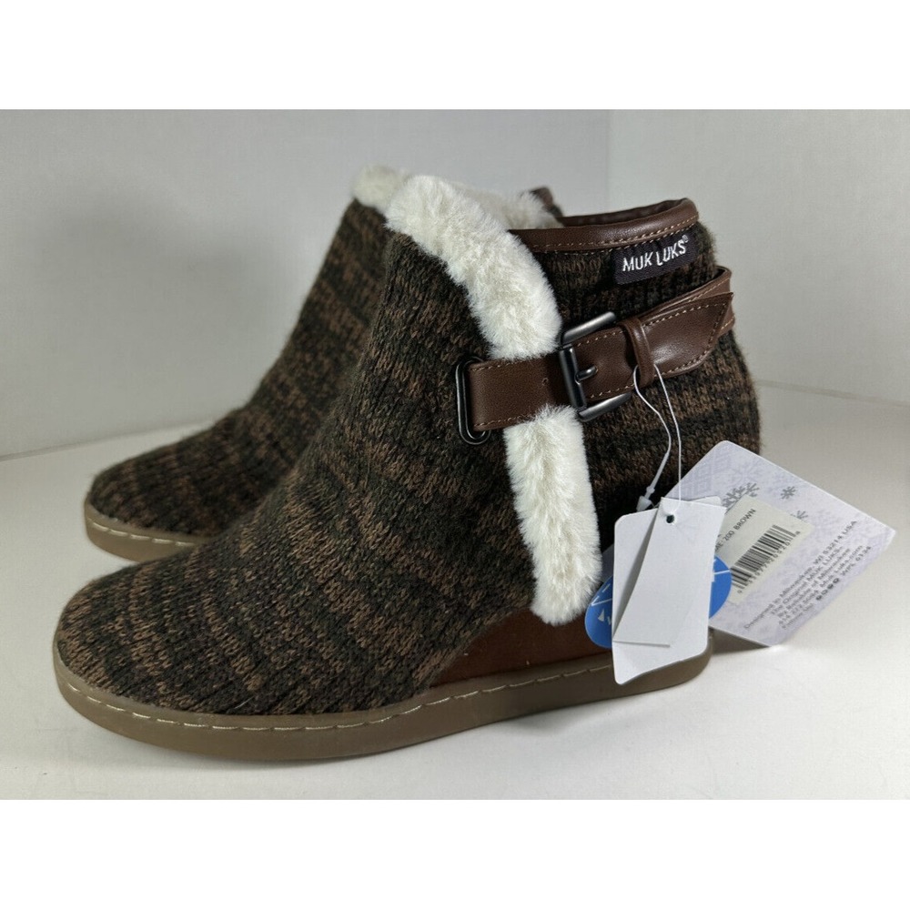 New Muk Luks Anne Marie Wedge Boots Brown Marl Ankle Buckle Shoes Faux Fur Sz 10 - Picture 2 of 13